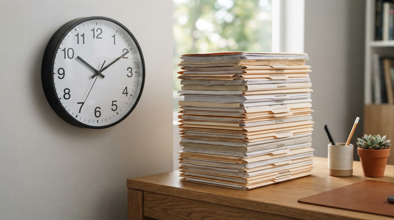 A wall clock beside a tall stack of unclaimed property paperwork.