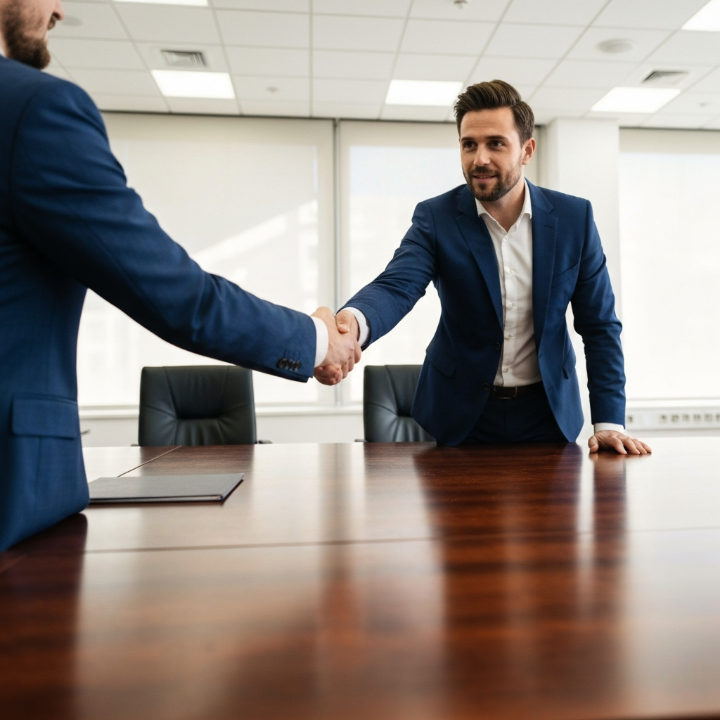 A handshake over a desk.