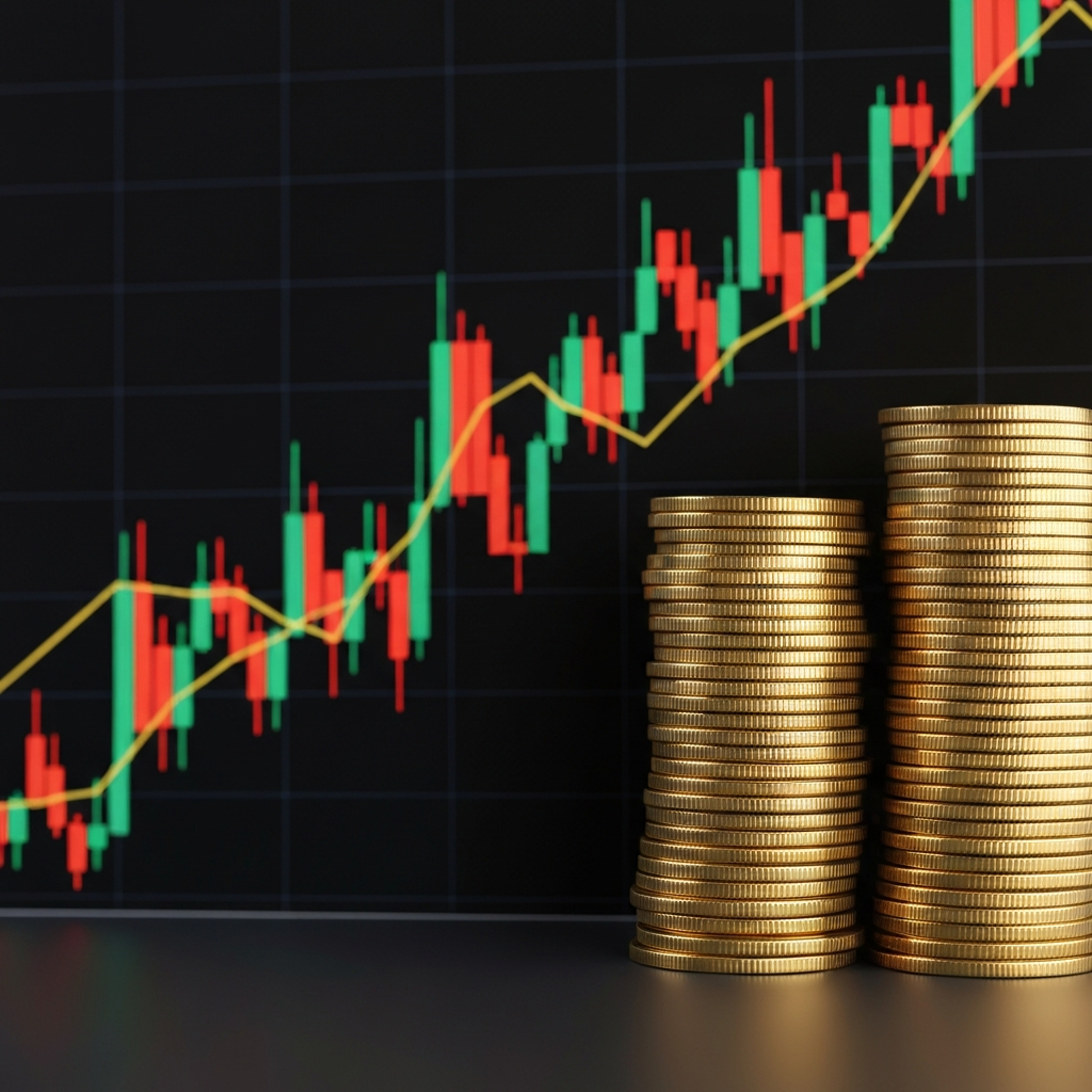 A rising stock chart graphic next to a stack of coins.