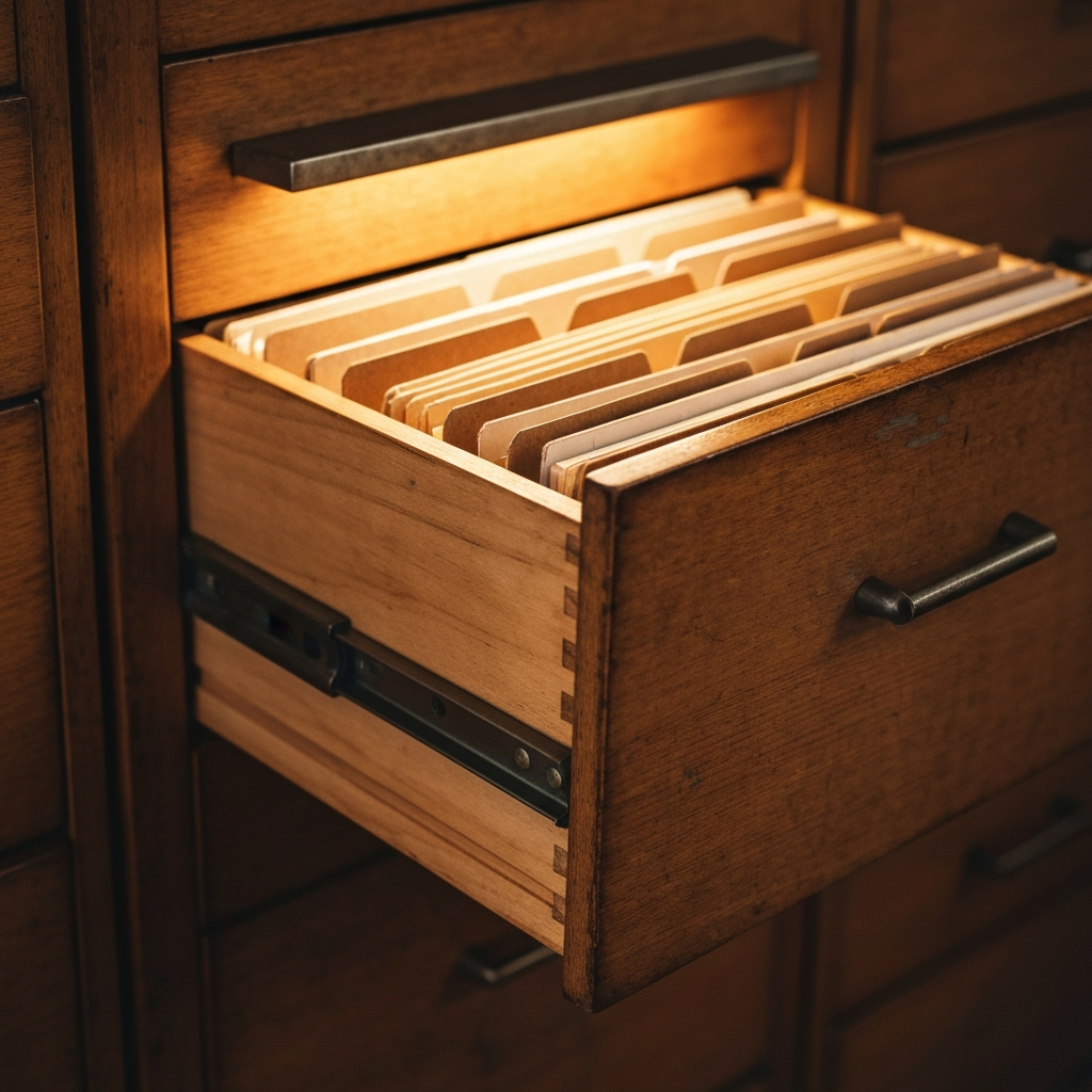 A vintage file cabinet drawer with warm lighting.