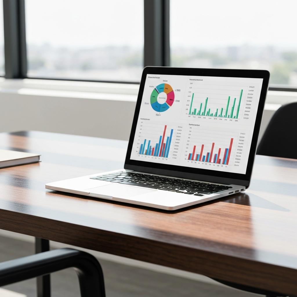 A modern office desk with a laptop and financial charts.