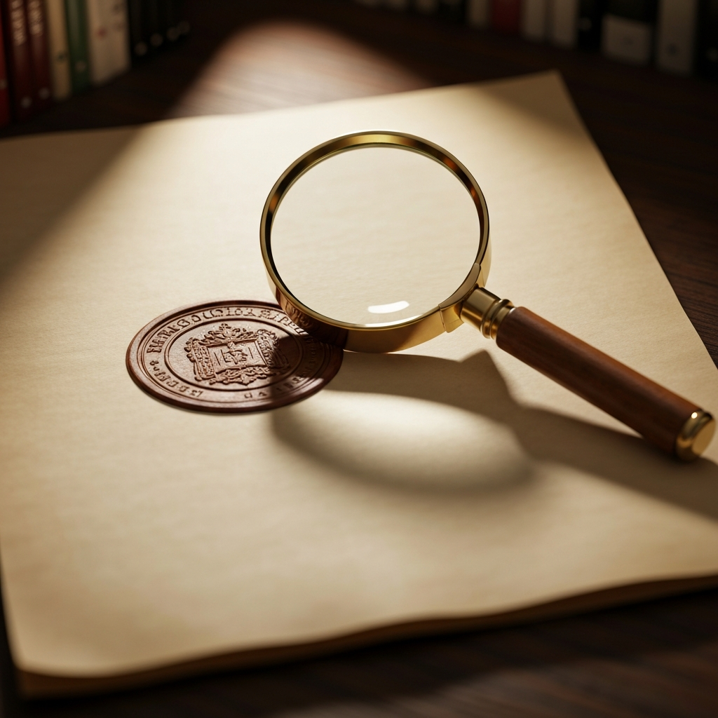A magnifying glass over a blank document with a seal.