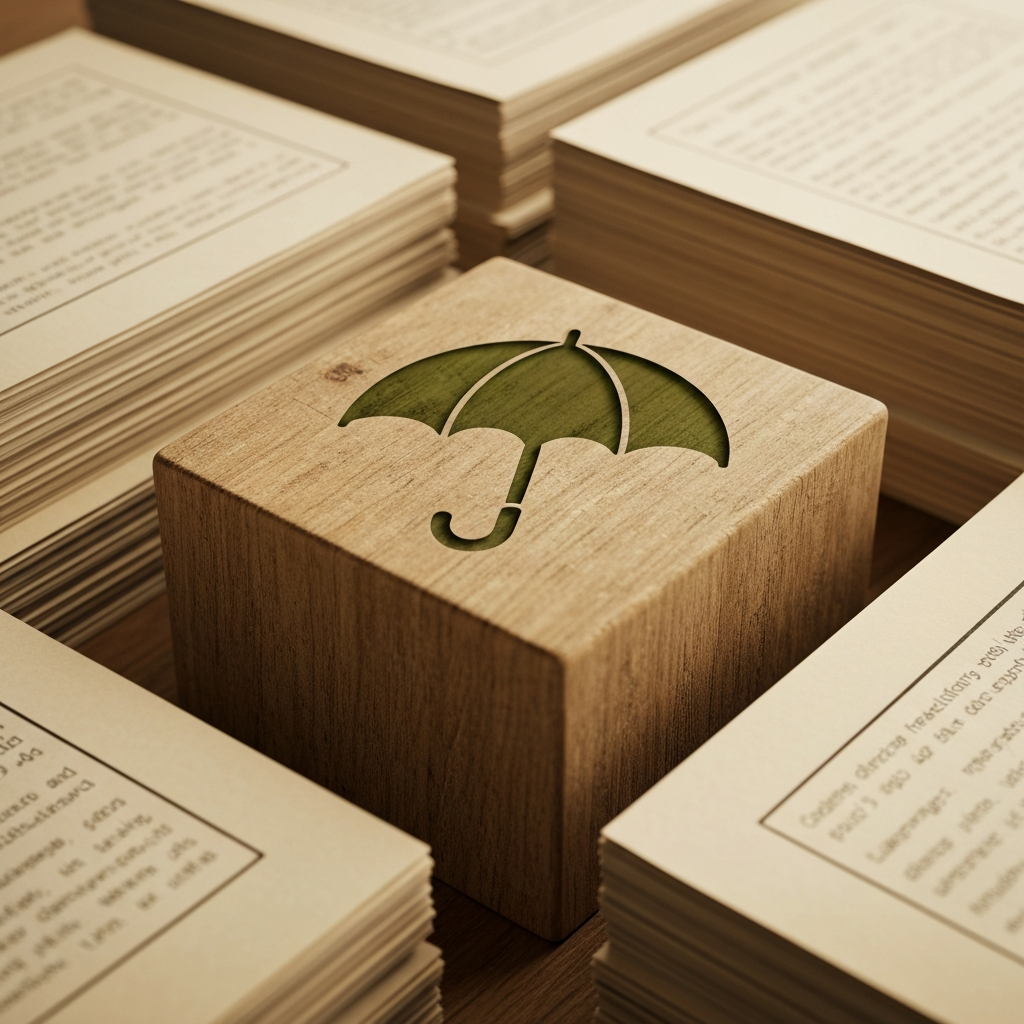 An umbrella icon on a wooden block next to paperwork.
