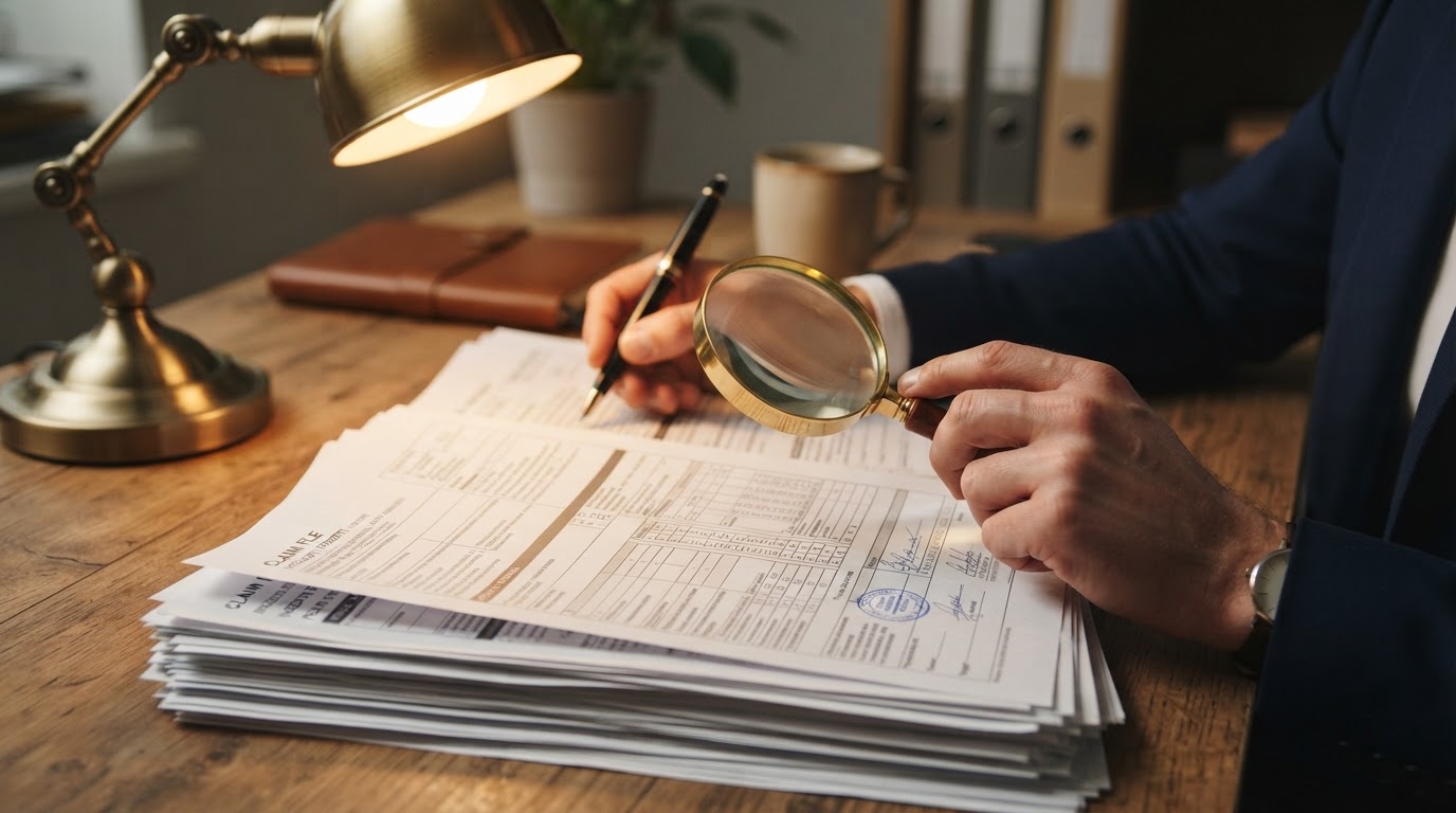 A person reviewing claim documents with a magnifying glass and pen.