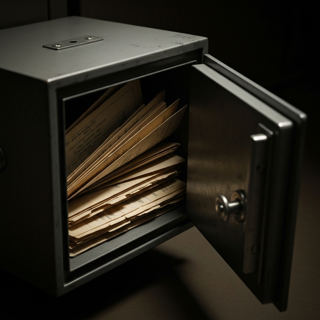 A metal safe deposit box open slightly.