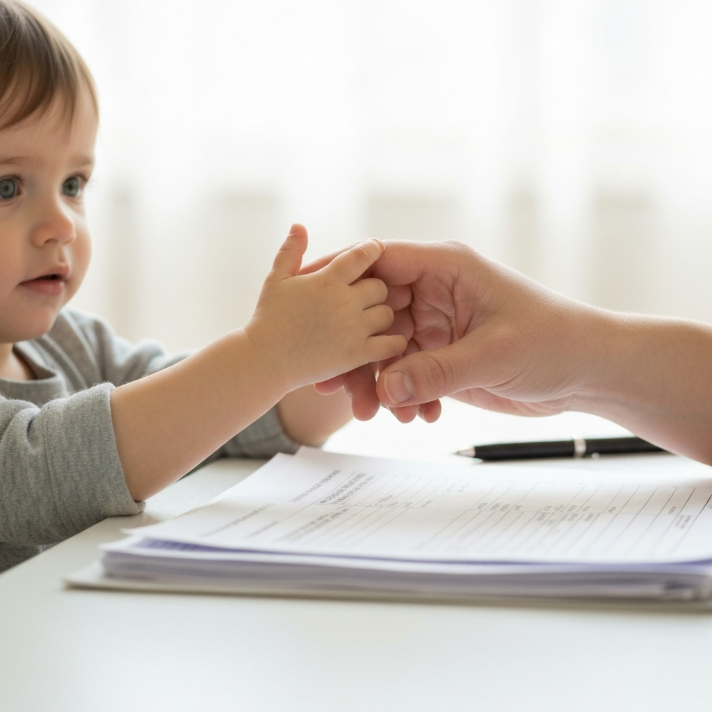 A small child's hand holding an adult's hand, next to paperwork.