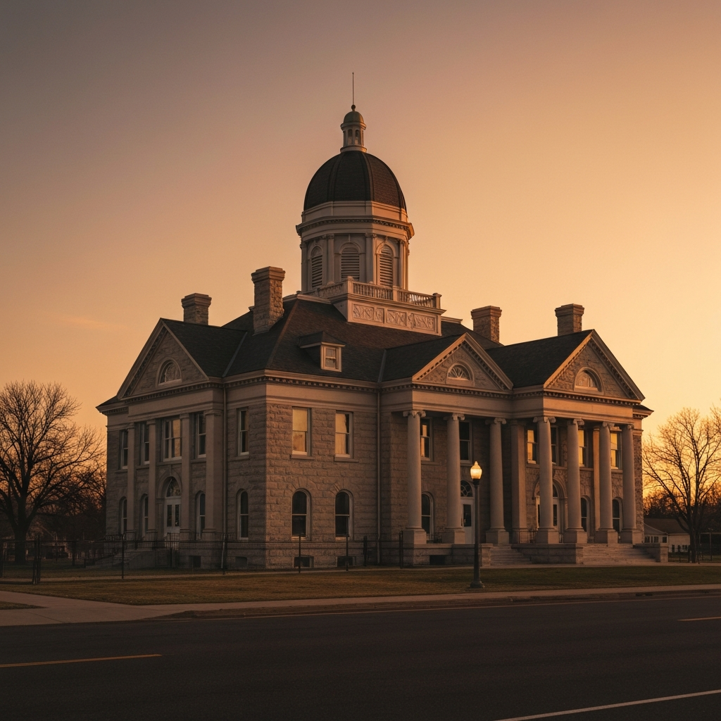 A classic rural courthouse building at sunset.