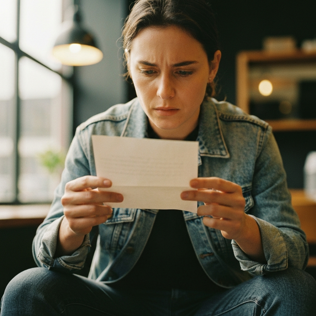 A person holding a letter, reading it carefully.
