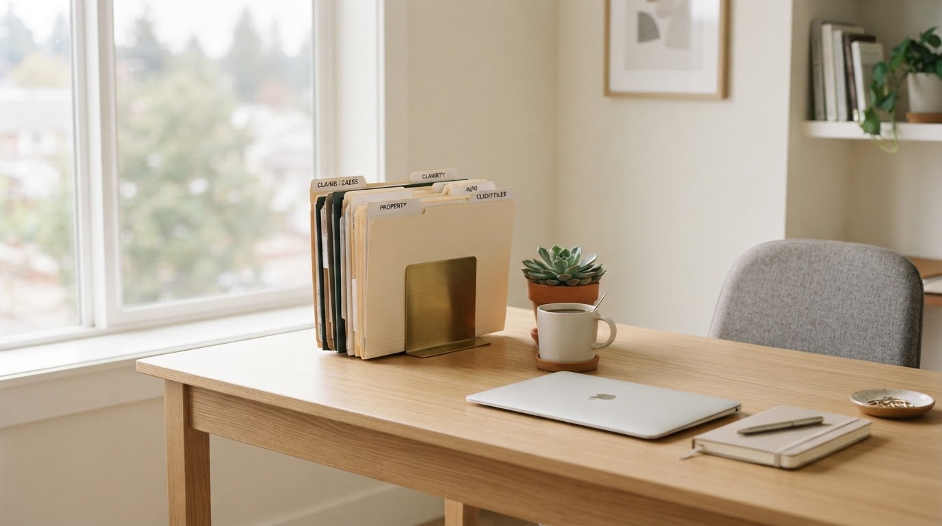 A calm organized workspace with sorted claim folders and a desk plant.