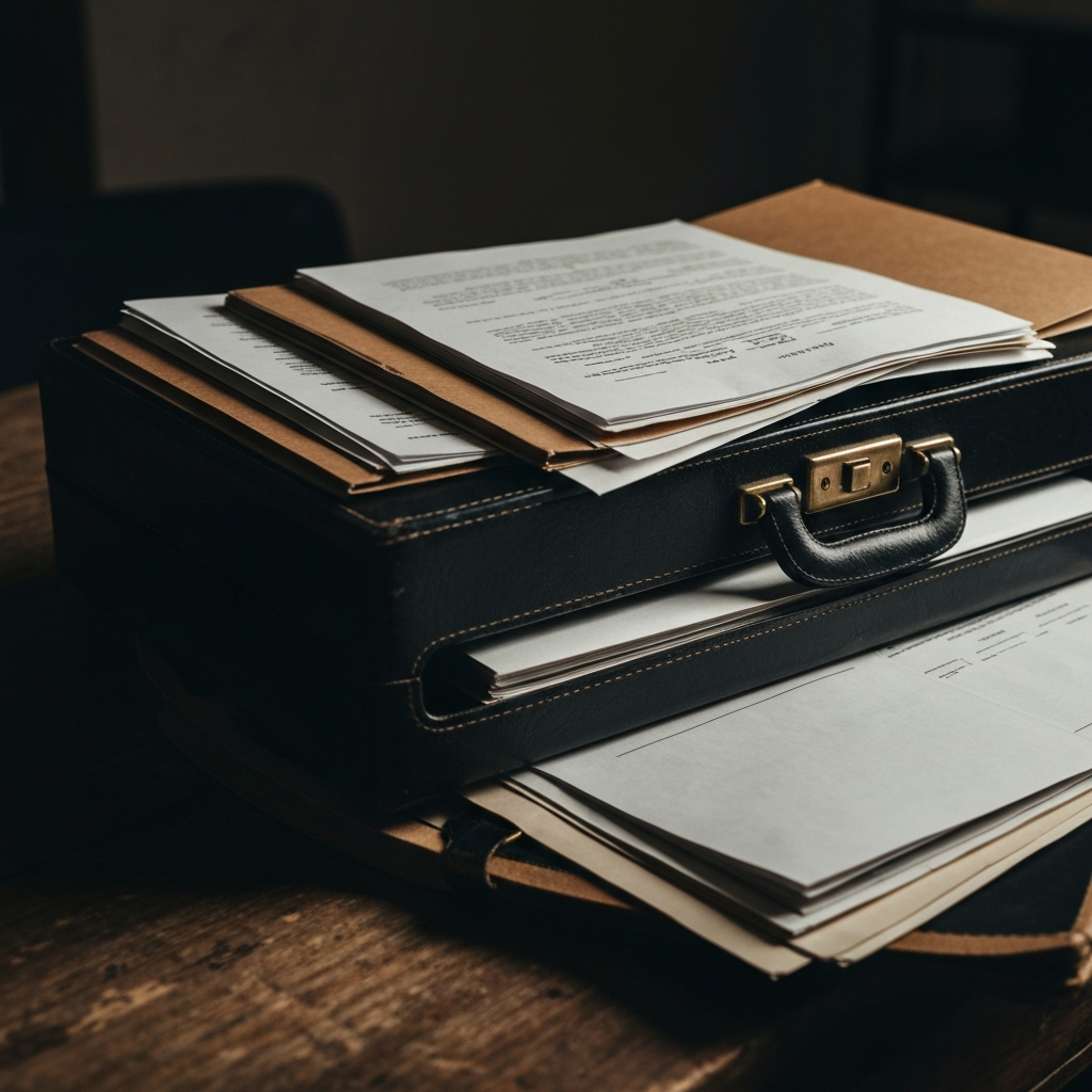 A briefcase and legal documents.