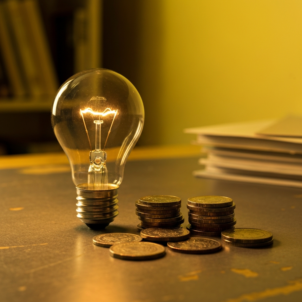 A lightbulb and a stack of coins on a desk.