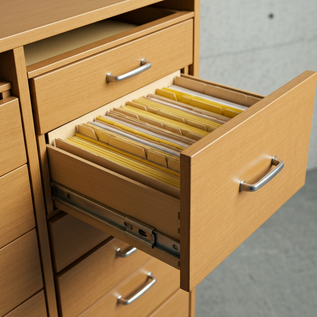 A vintage file cabinet drawer.