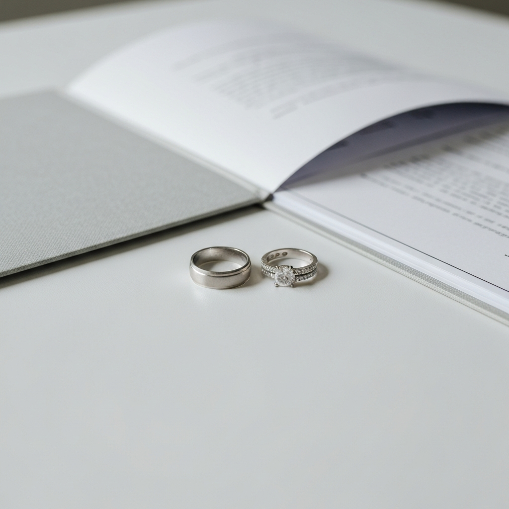 Two wedding rings and a legal document on a table.