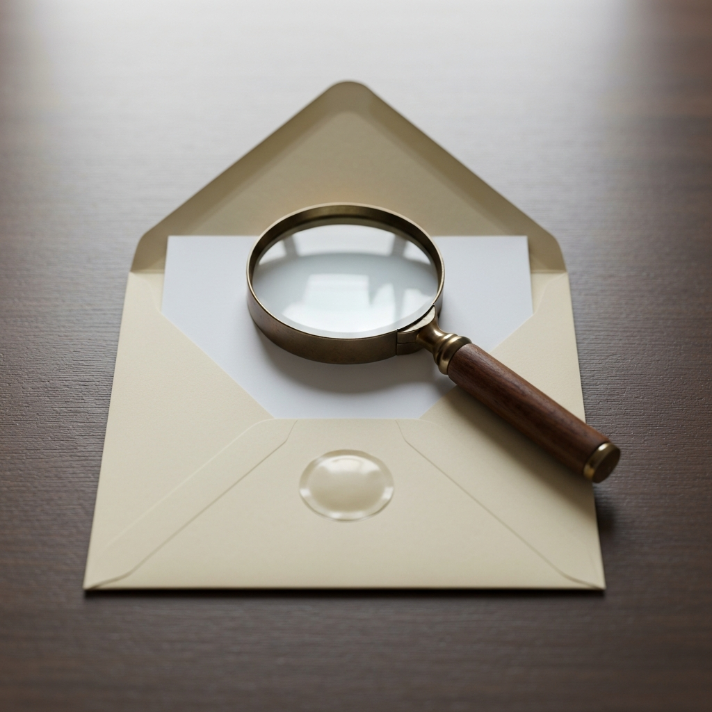 An open envelope with a letter and a magnifying glass.