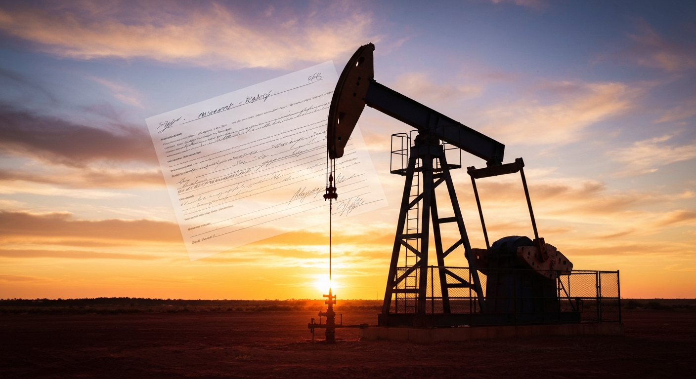 Oklahoma oil pumpjack with mineral rights paperwork.