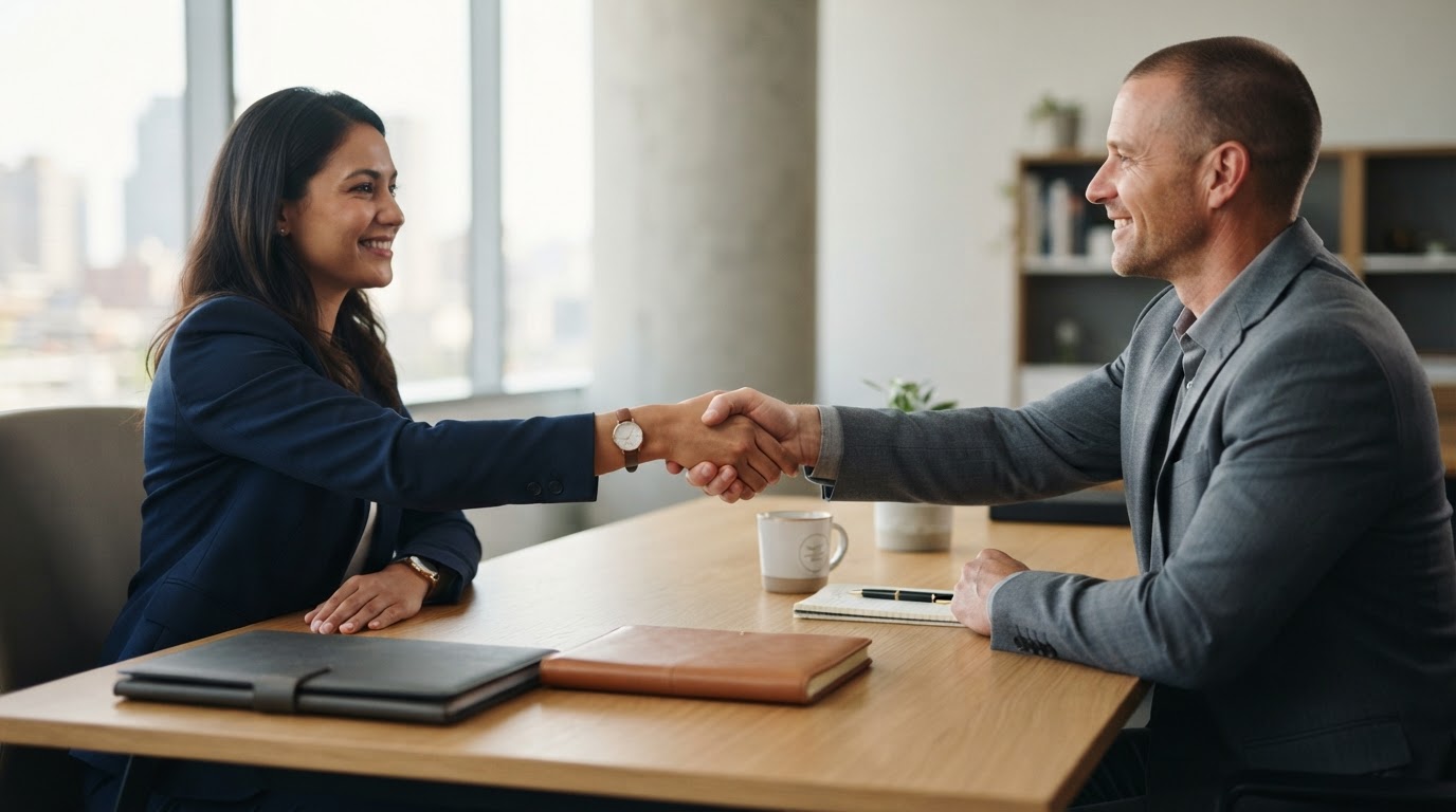A simple handshake over a clean desk with two folders.
