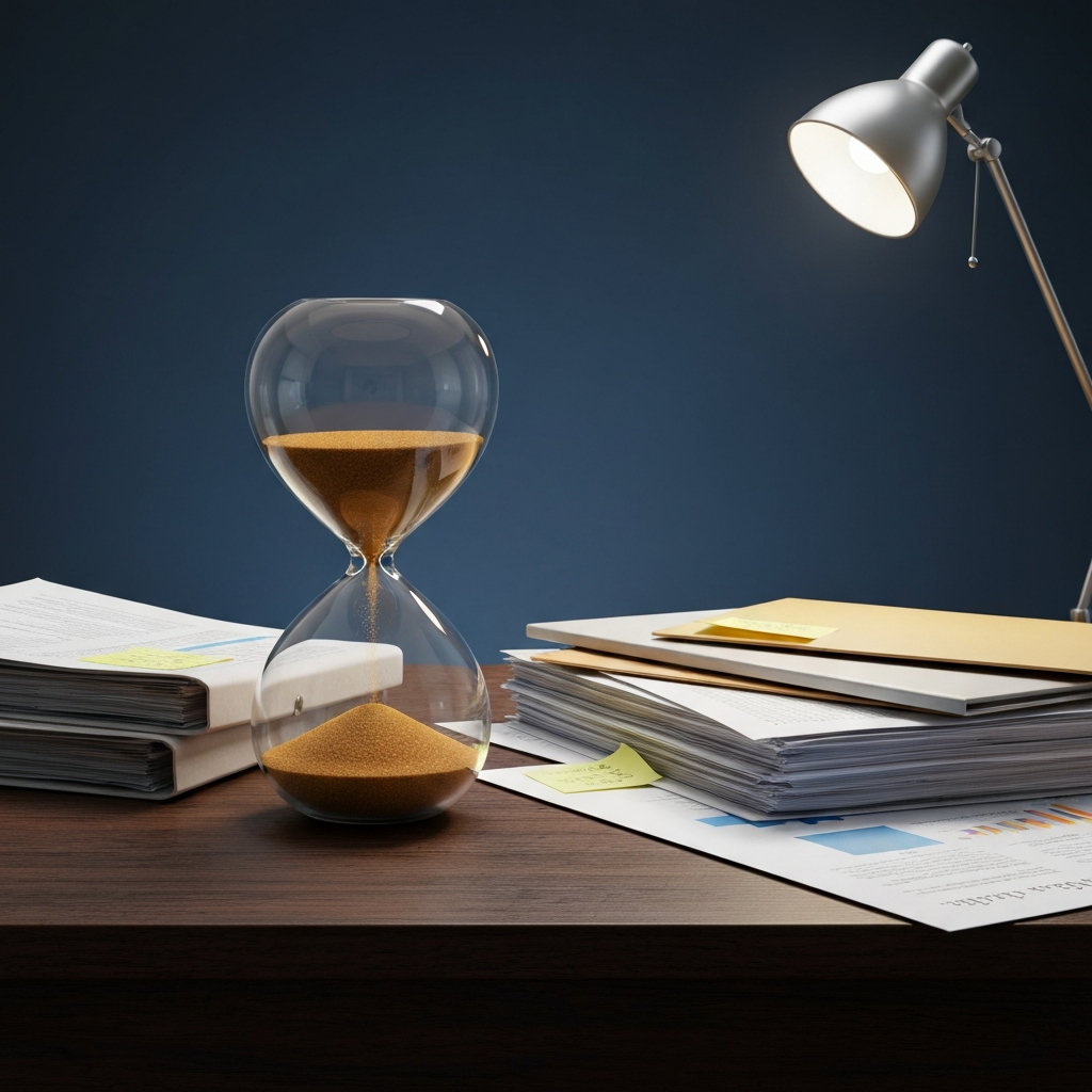 An hourglass next to a stack of paperwork on a desk.