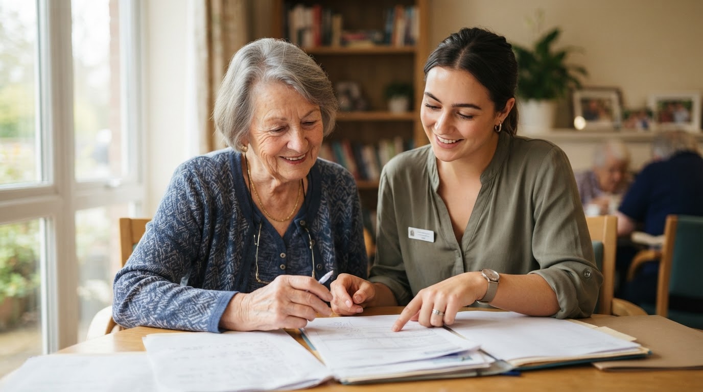 An older person and a friendly assistant reviewing paperwork together.