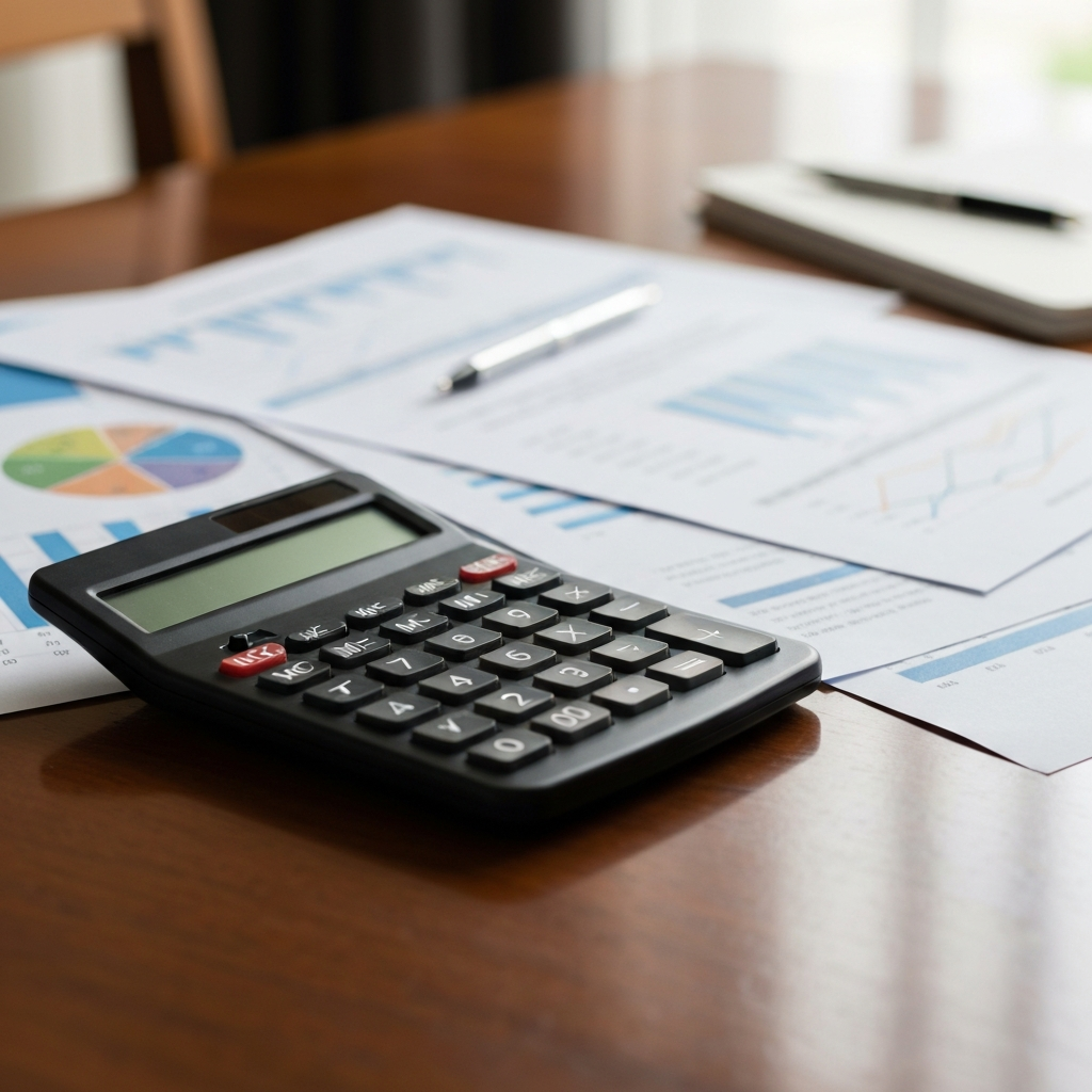 A close-up of a calculator and financial documents.