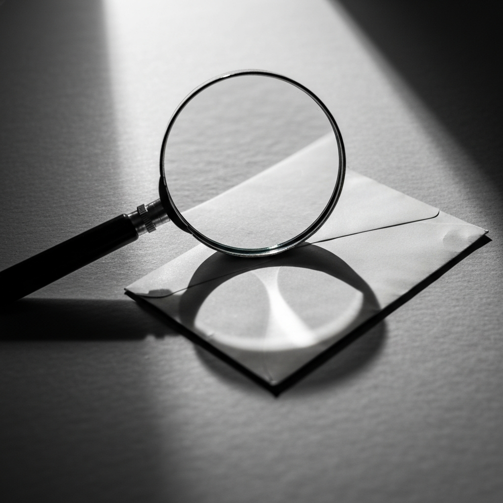 A magnifying glass over a suspicious letter.
