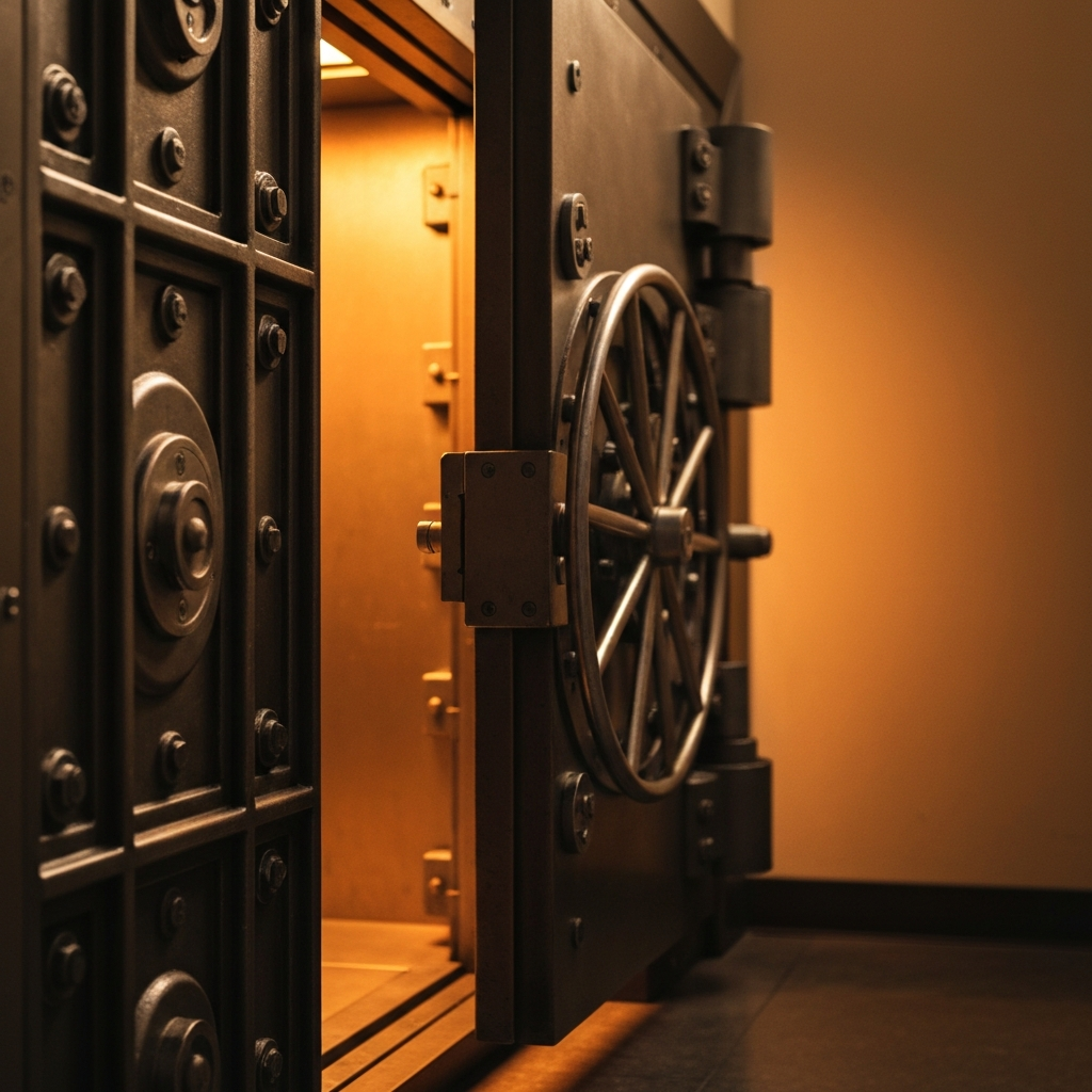 A classic bank vault door slightly open.