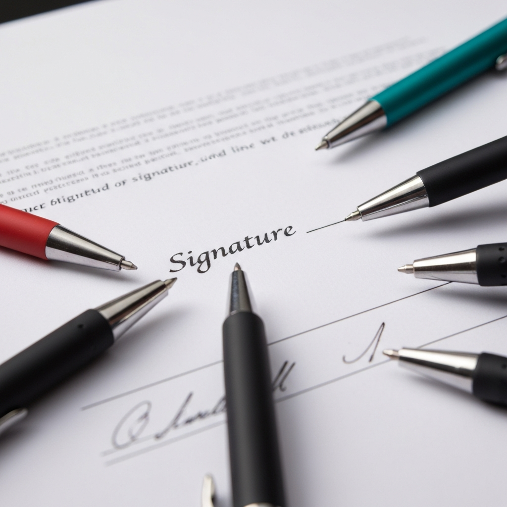 Several pens pointing to a signature line on a document.