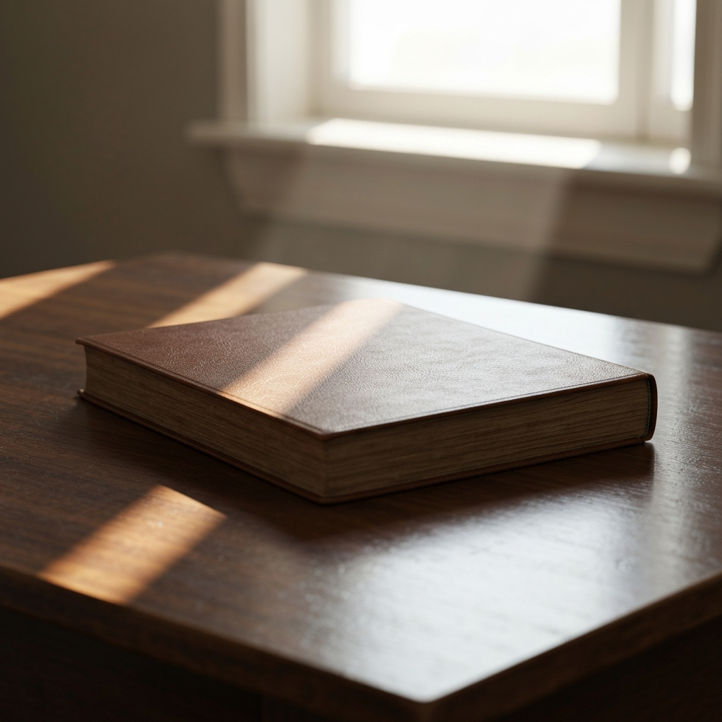 A vintage ledger book on a desk.