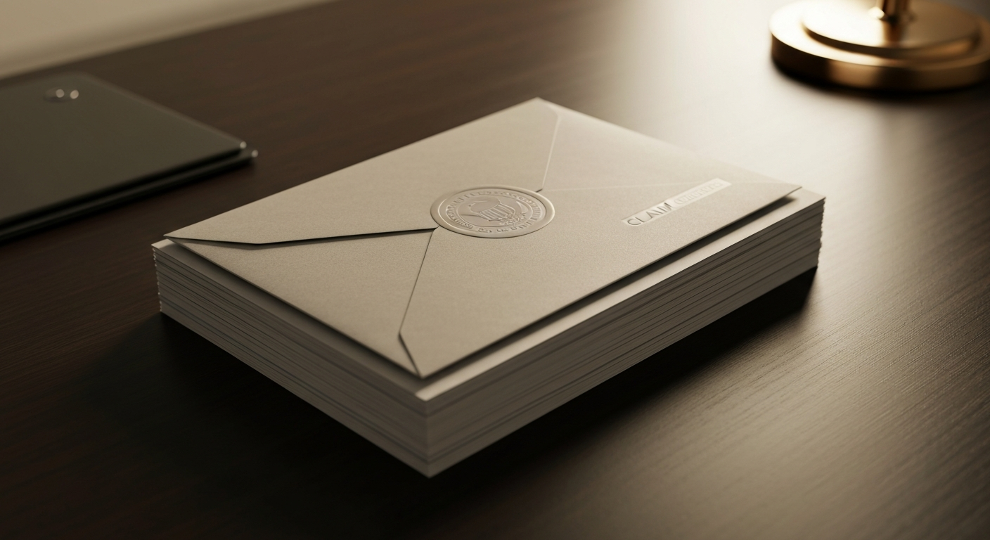 Envelope marked unclaimed assets next to Oklahoma claim documents.