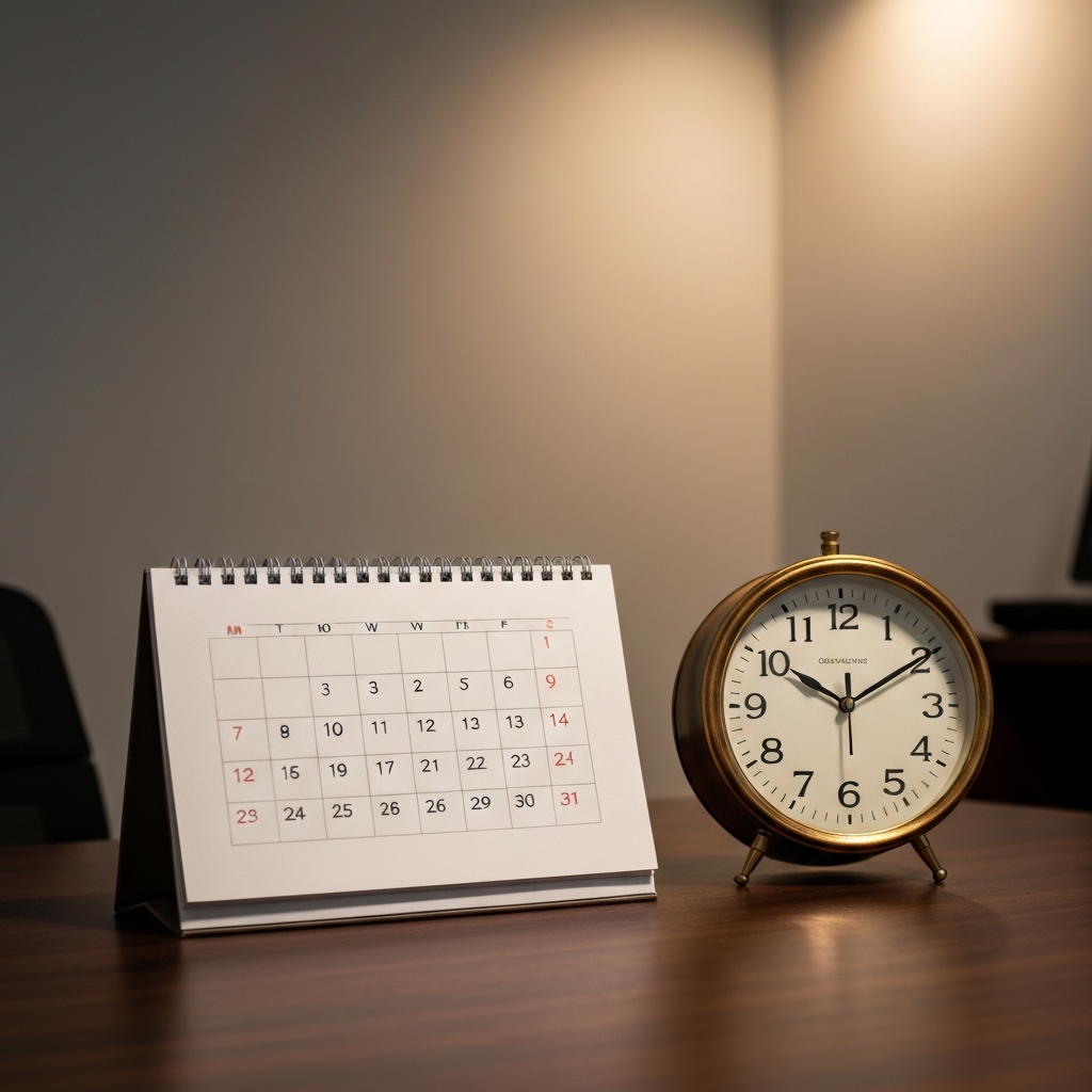 A calendar and a clock on a wooden desk.