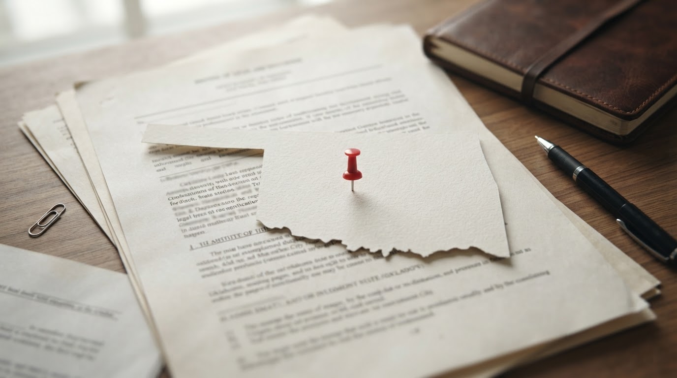 A paper Oklahoma state shape with a push pin and legal documents.