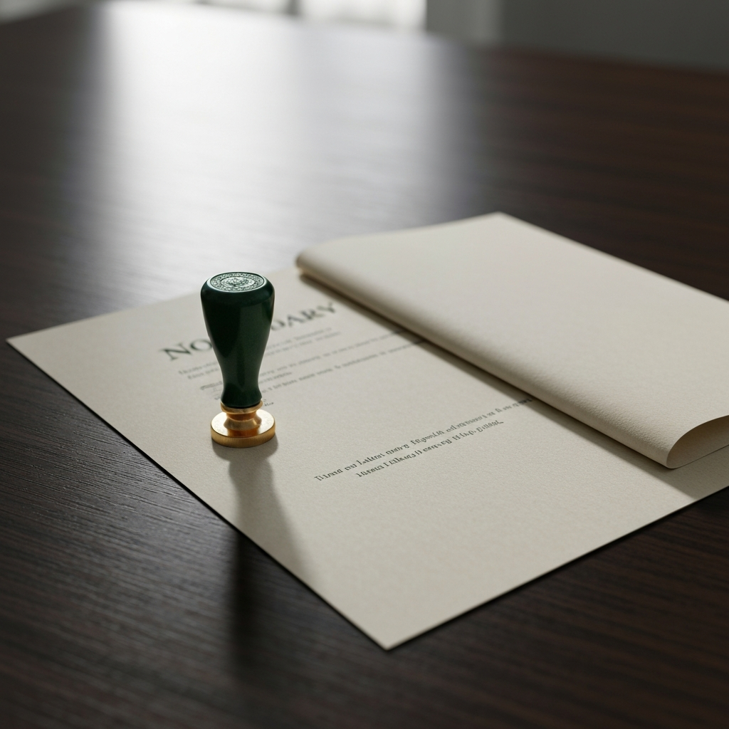 A notary stamp and a legal document on a desk.