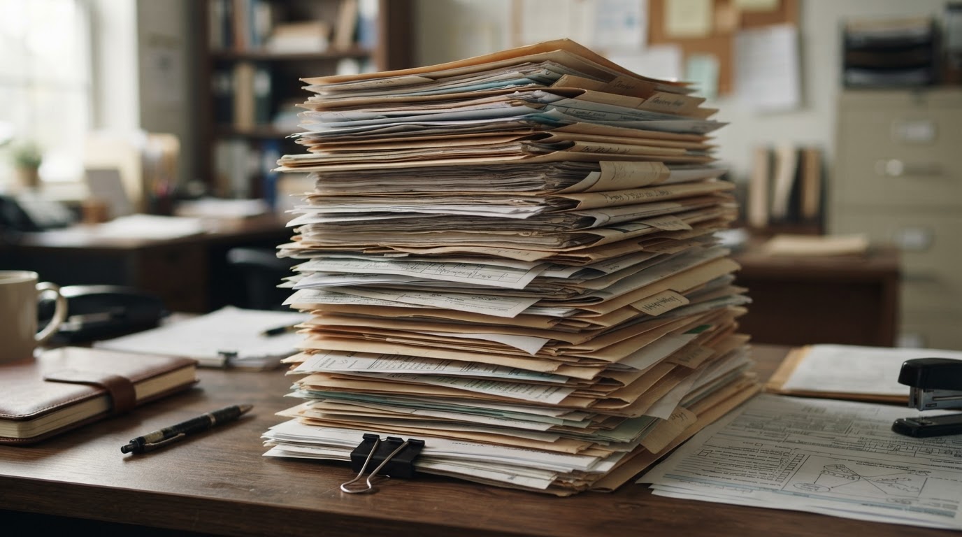 A large stack of bureaucratic forms and manila folders on a desk.
