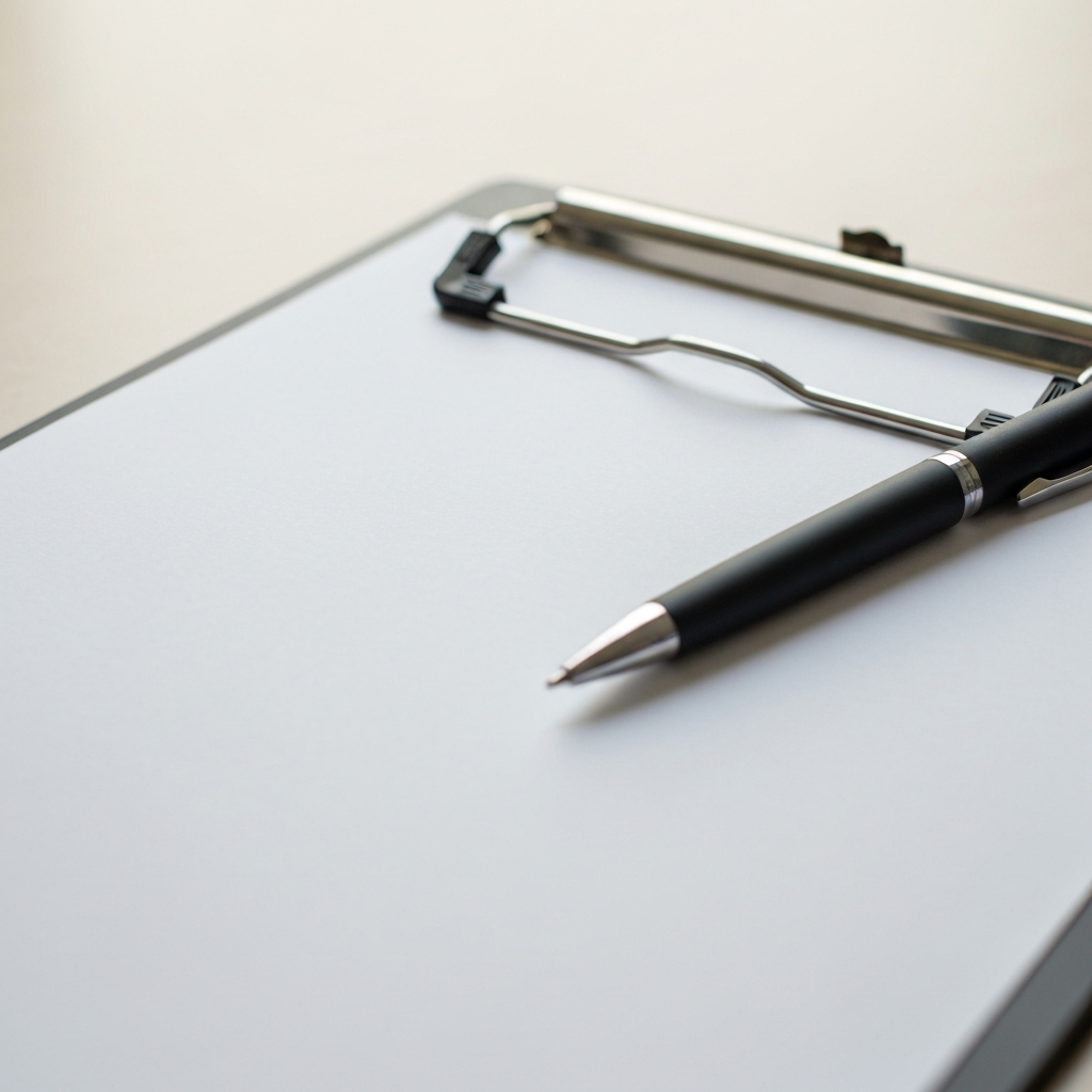 A checklist on a clipboard with a pen.