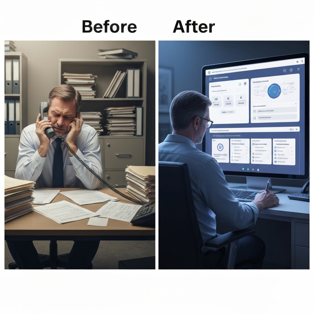 Before and After: Stressed business owner vs relaxed business owner with AI