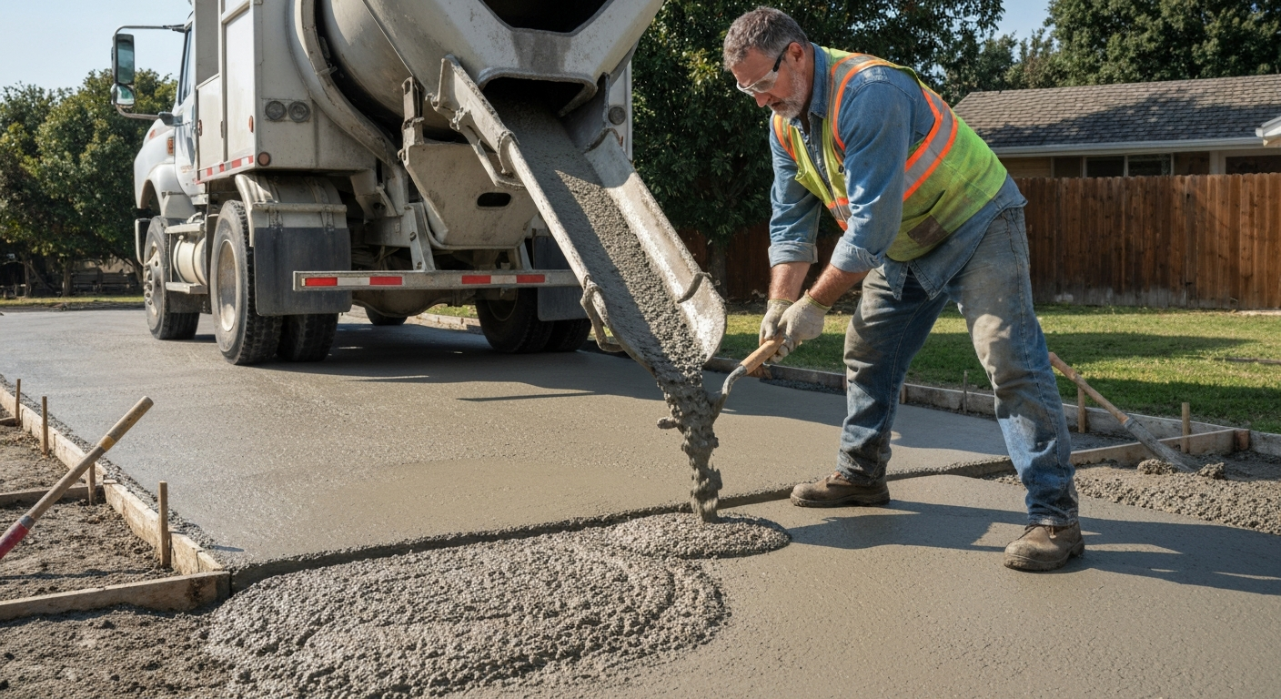 Professional concrete contractor pouring a driveway