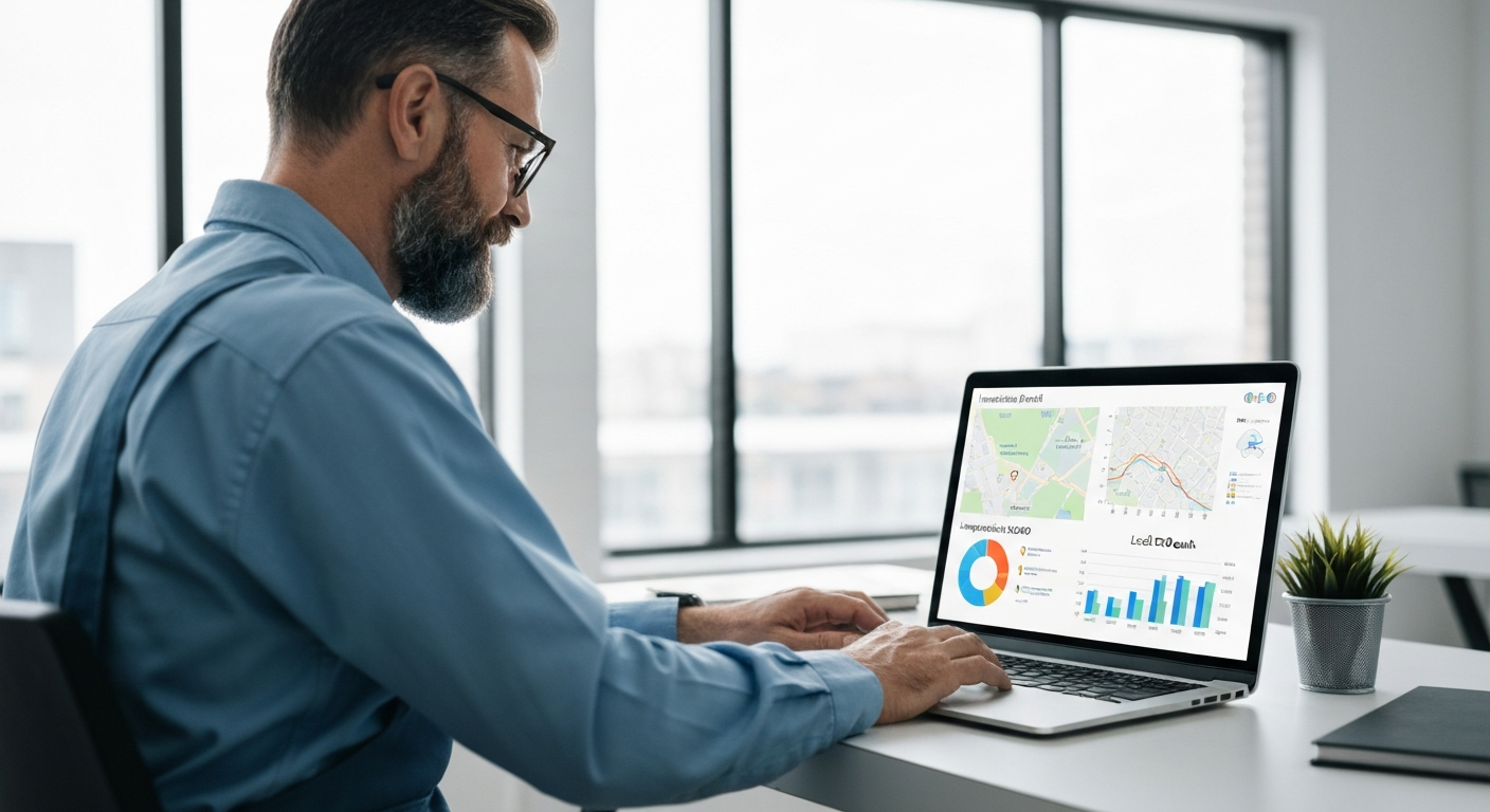 Contractor reviewing local SEO data on a laptop