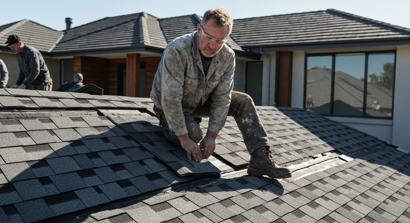 Roofing contractor working on a residential roof