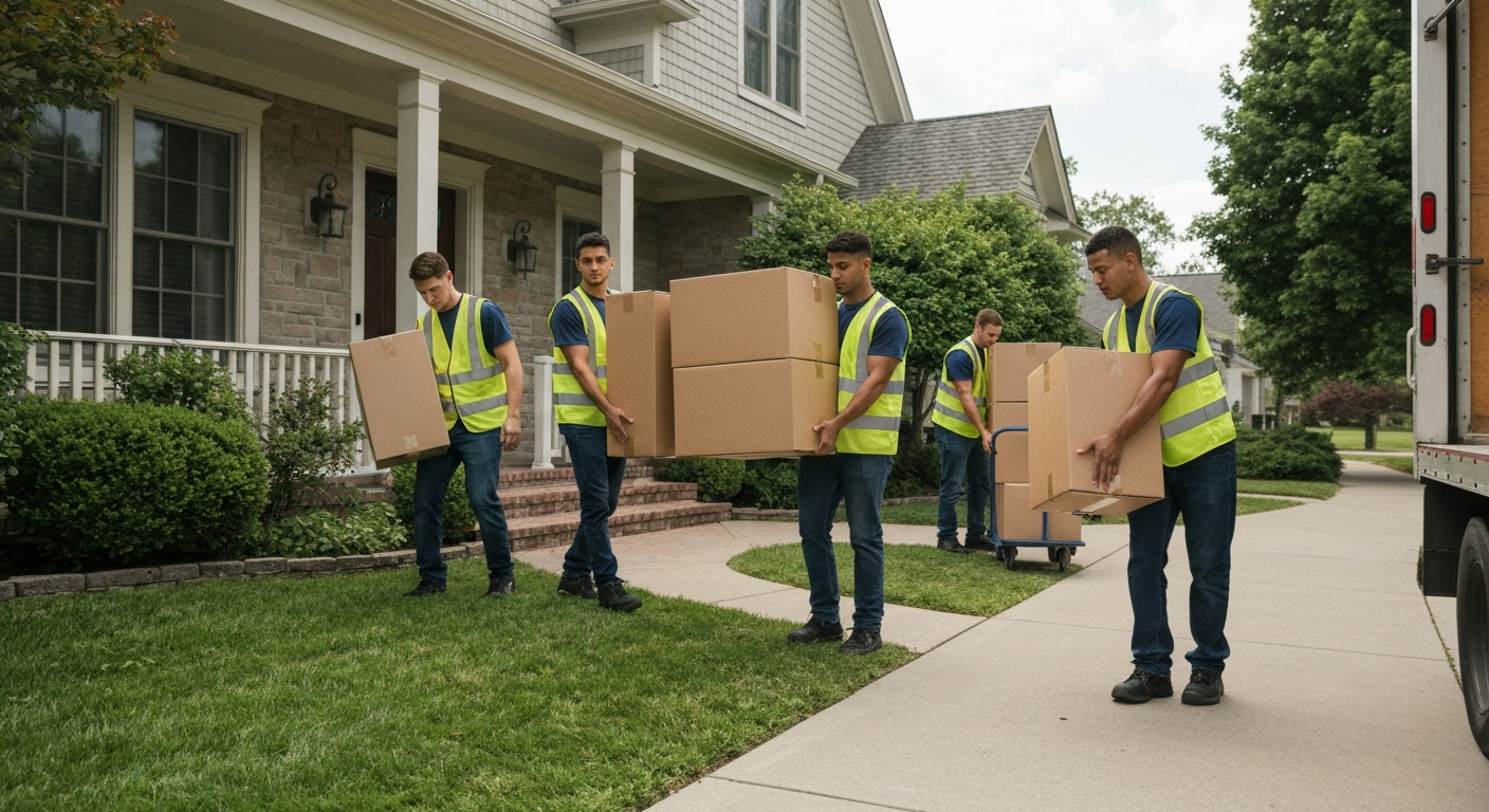 Professional moving company movers carrying boxes out of a house