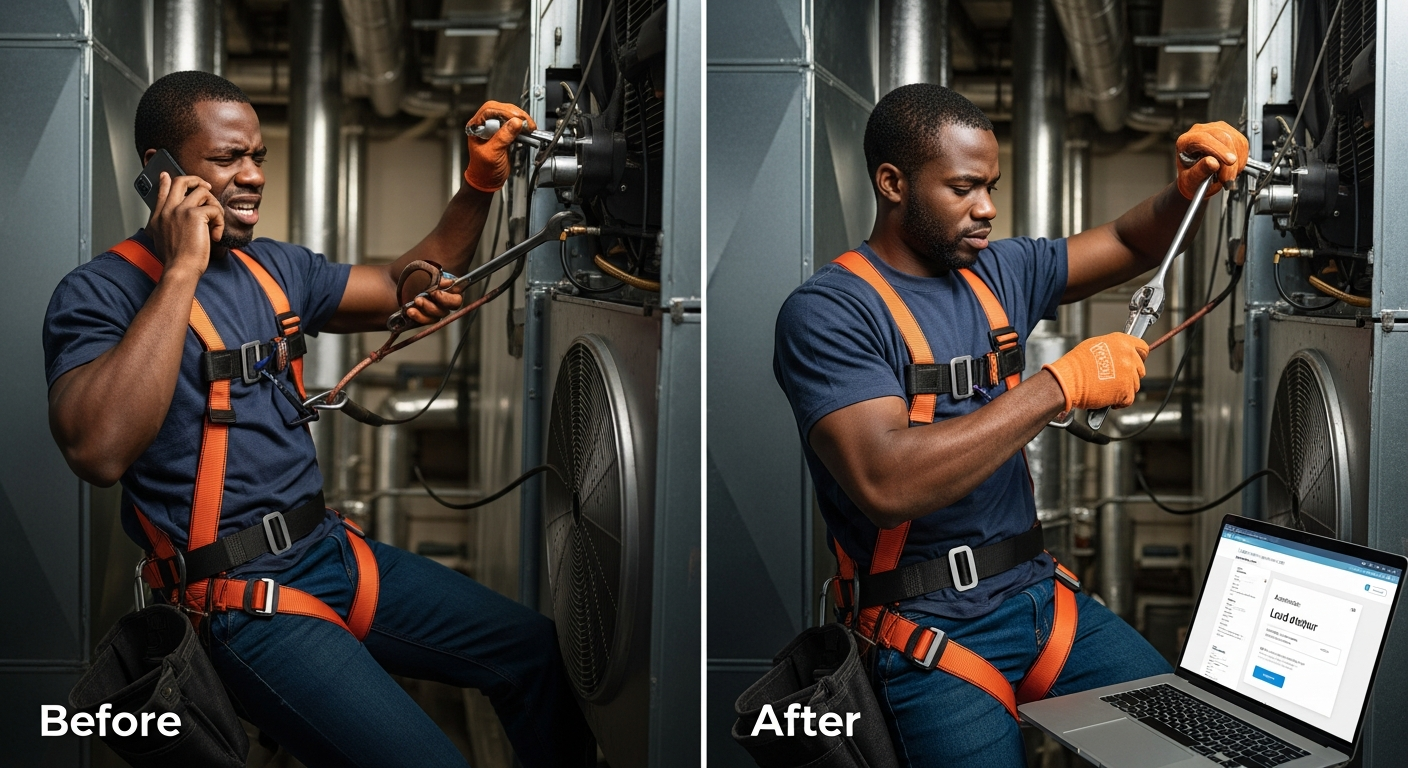 Before and After: Stressed HVAC worker on phone vs relaxed worker with automated laptop system