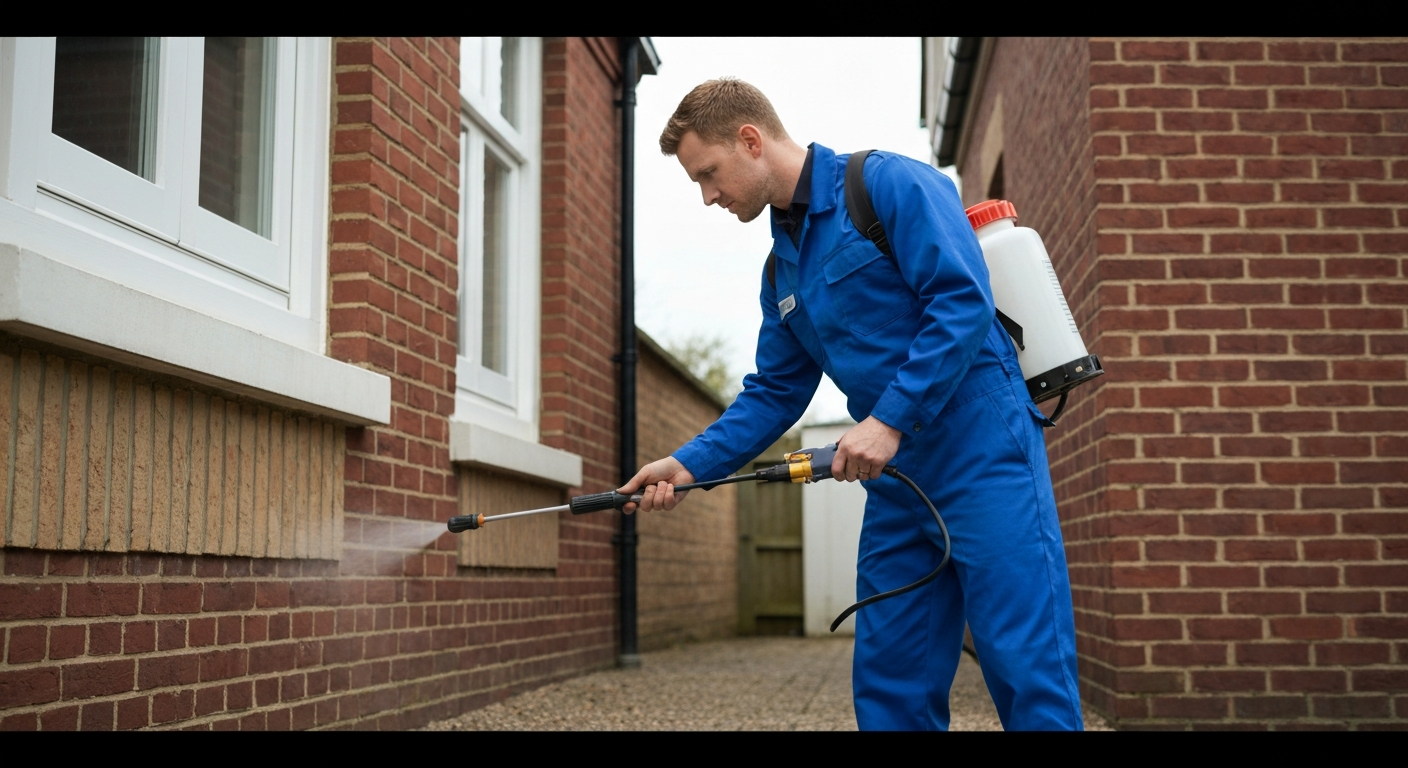 Pest control professional inspecting a home