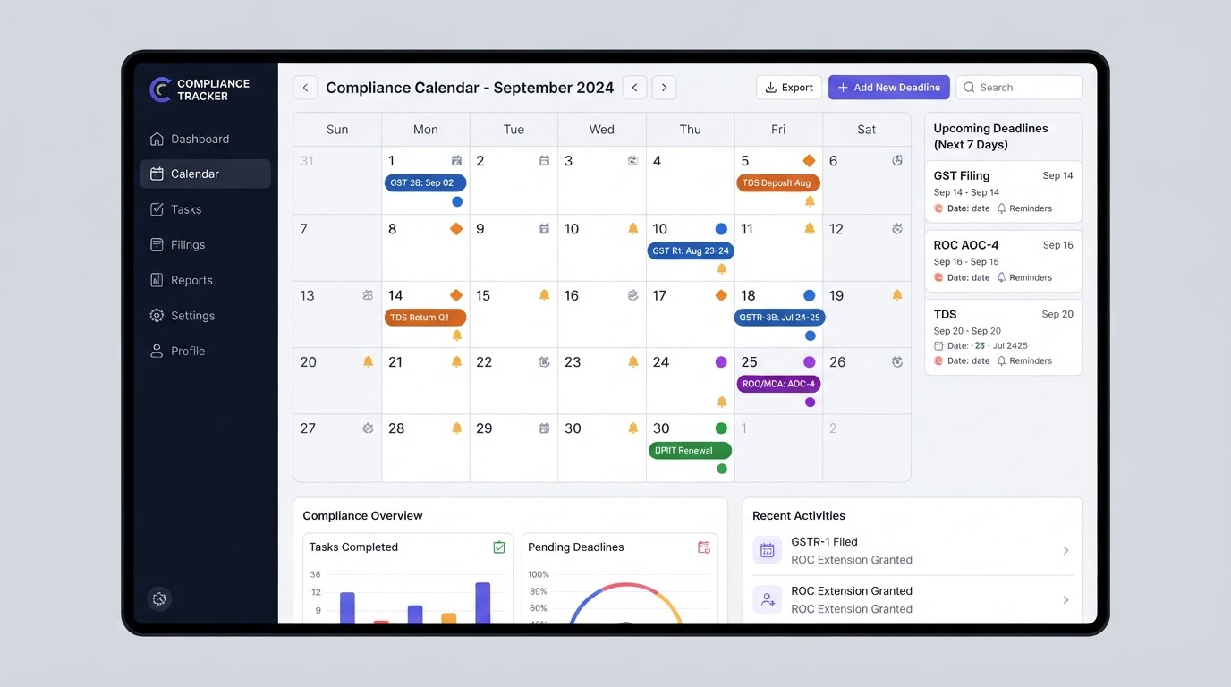 Compliance Calendar dashboard interface