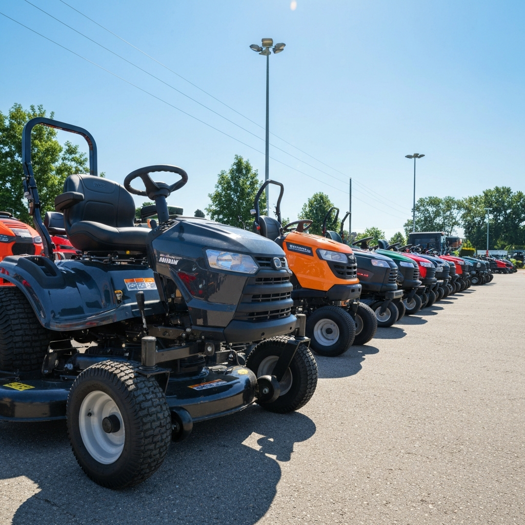 Row of new lawn mowers for sale at Parrish Enterprises
