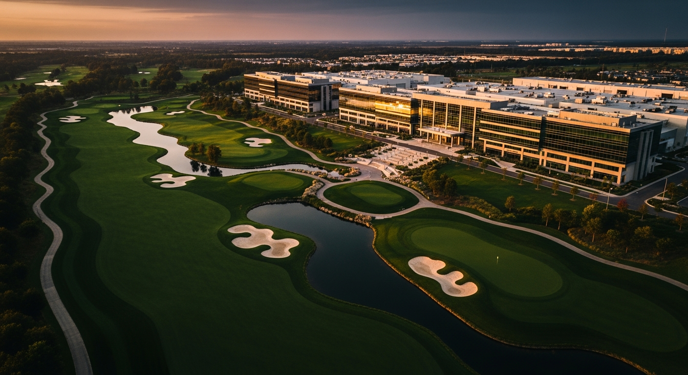 Cinematic aerial view of luxury golf course and commercial property