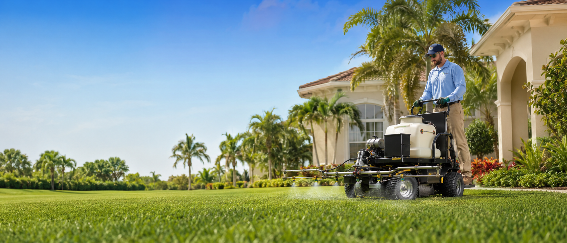 Professional technician treating a Florida lawn