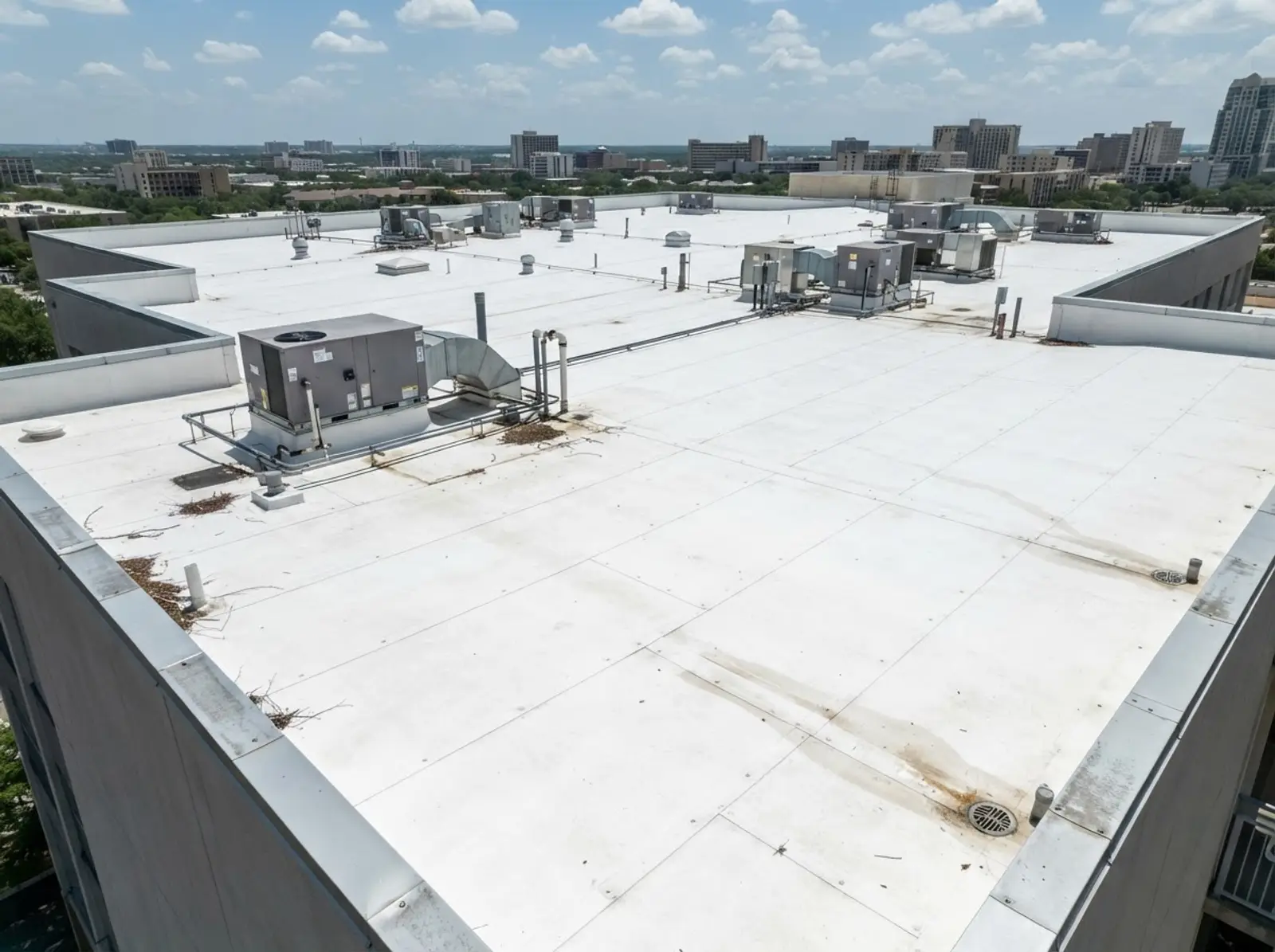 Commercial drone roof inspection San Antonio white TPO flat roof membrane HVAC units debris assessment Bexar County commercial property aerial survey