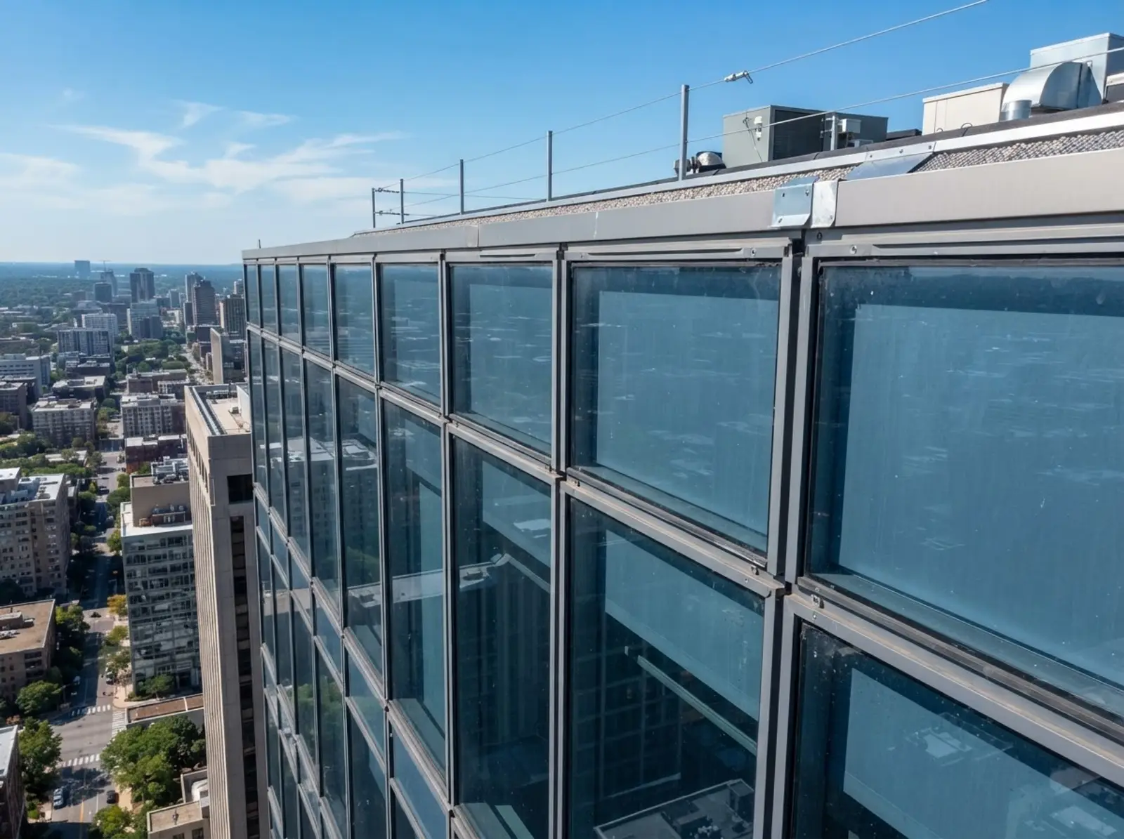 Roof inspection drone San Antonio commercial building facade panel curtain wall edge membrane installation close-up high-resolution aerial view Texas