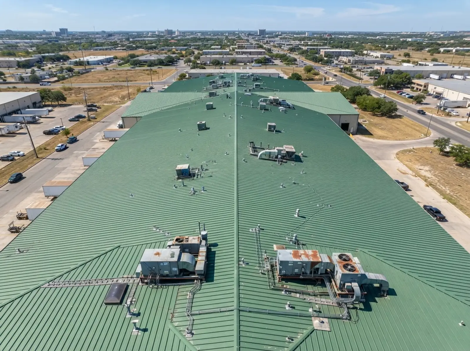 San Antonio commercial building green metal roof drone inspection aerial view Bexar County Texas industrial facility
