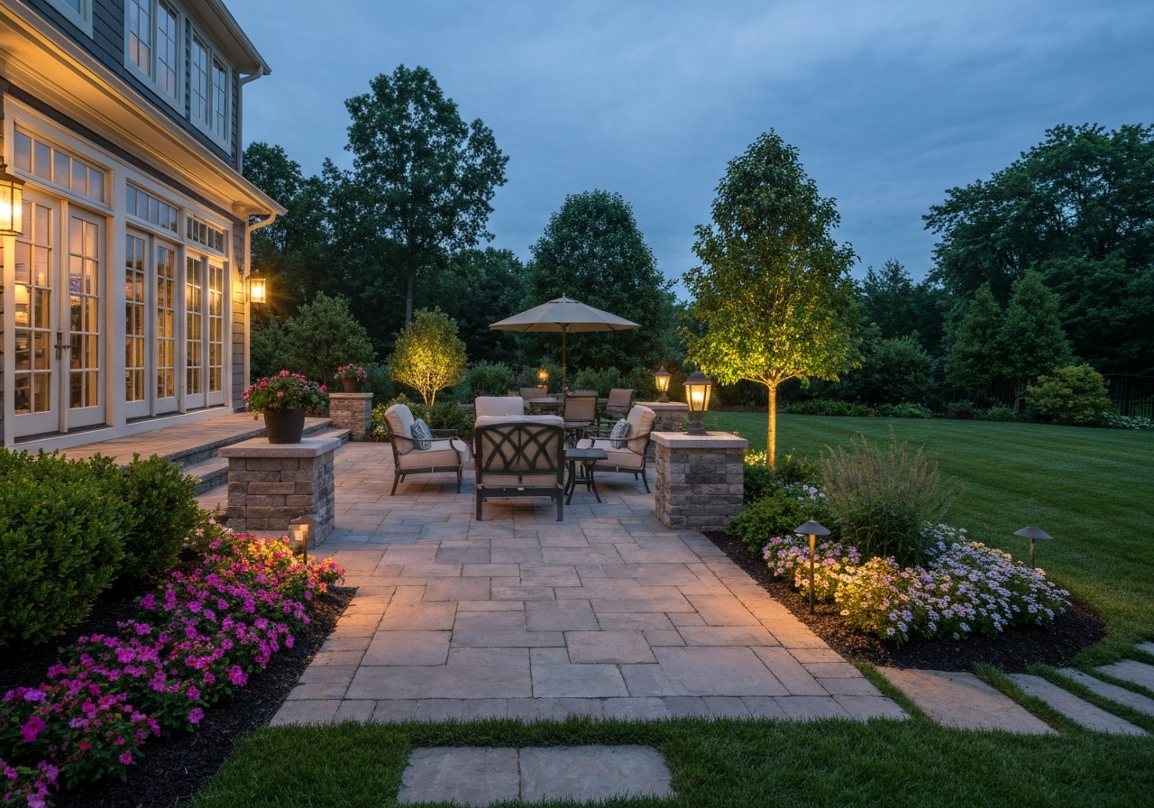 Luxury backyard with custom stone patio