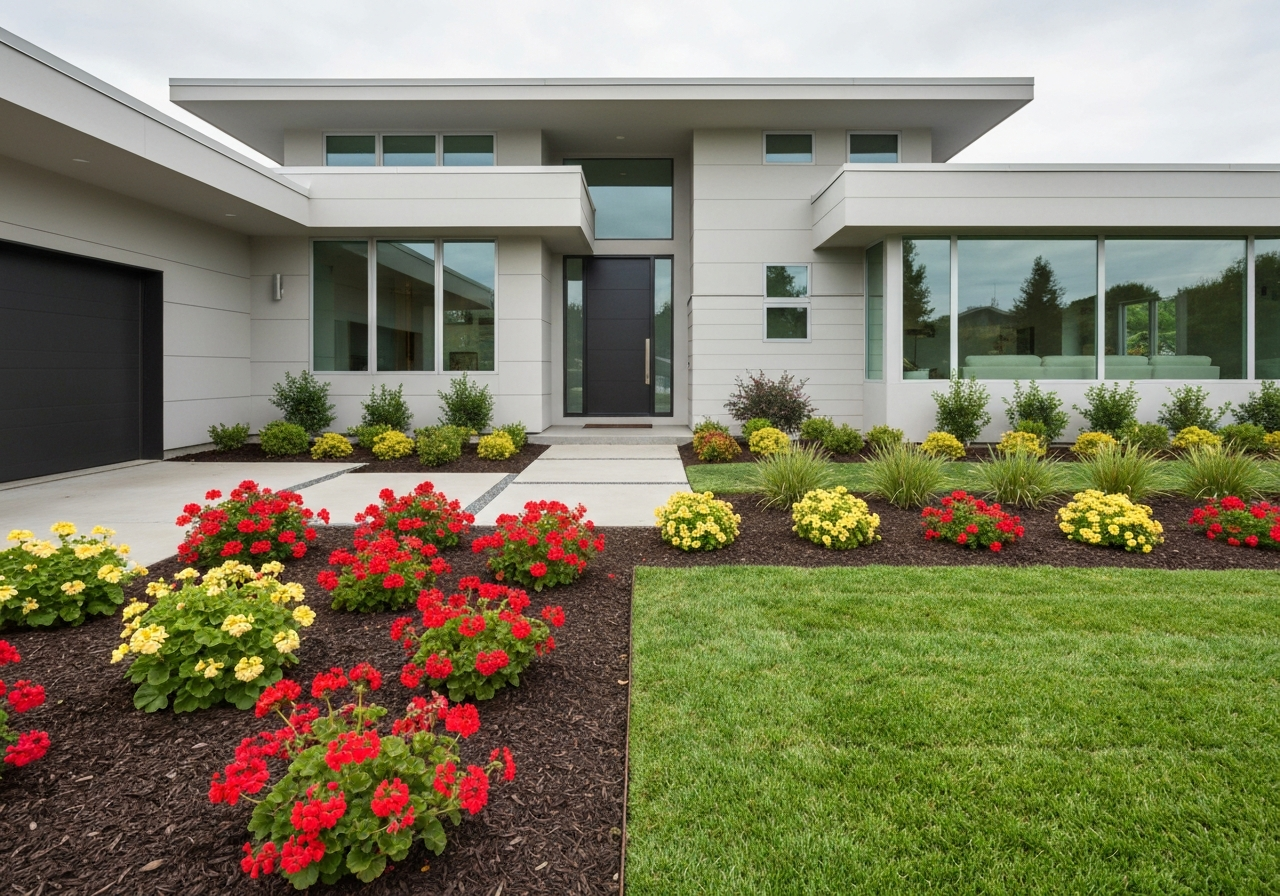Modern home exterior with clean mulch beds