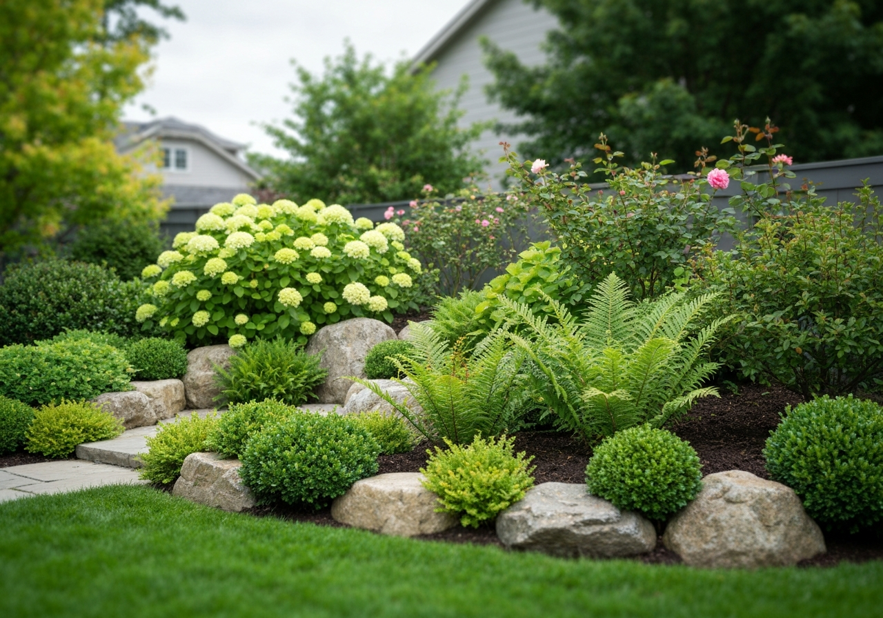 Beautifully designed backyard garden with natural rocks